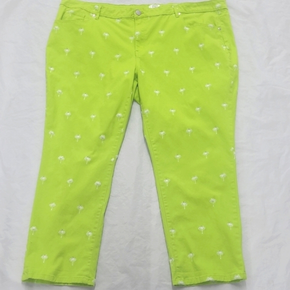Bright Green Cropped Pants with Embroidered Palm Tree Pattern Slimming NWT - Picture 1 of 12